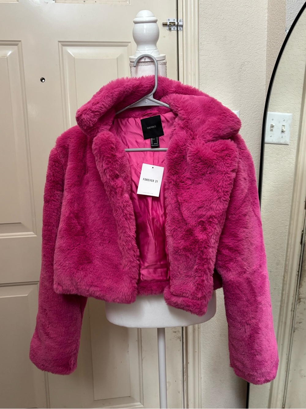 Forever 21 Girls Hot Pink Faux Fur Cropped Jacket